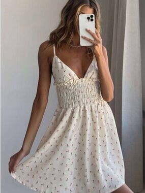 Princess Polly Cream Floral Smocked Mini Dress